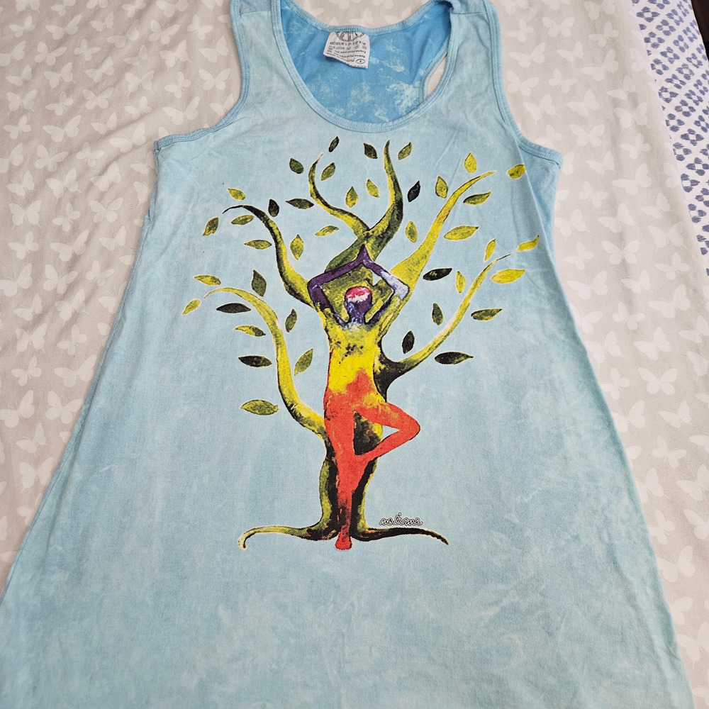 No Time Blue Graphic Tree Women Yoga Tank Top Size M Festival Boho Yoga Y2K